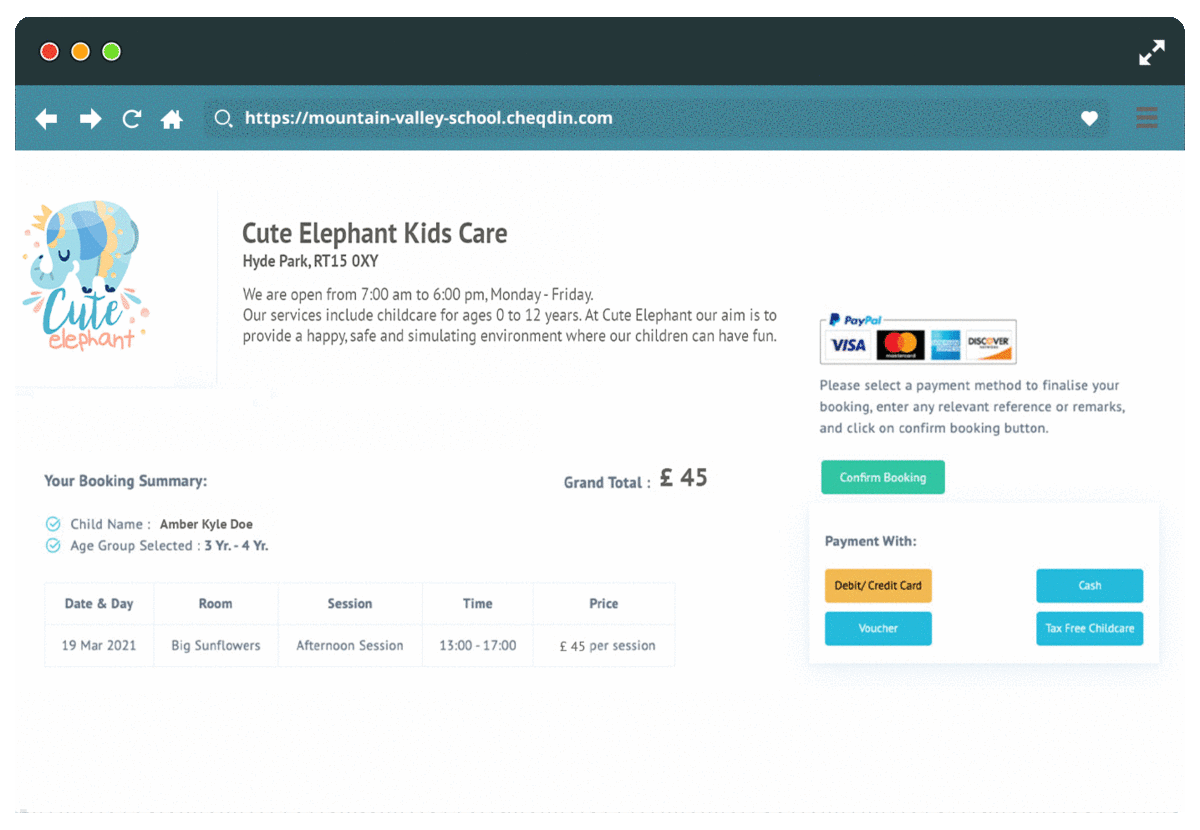 Debit and credit card payments childcare paypalcheqdin