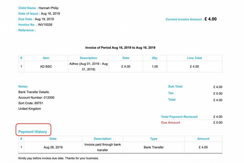 Cheqdin Invoice