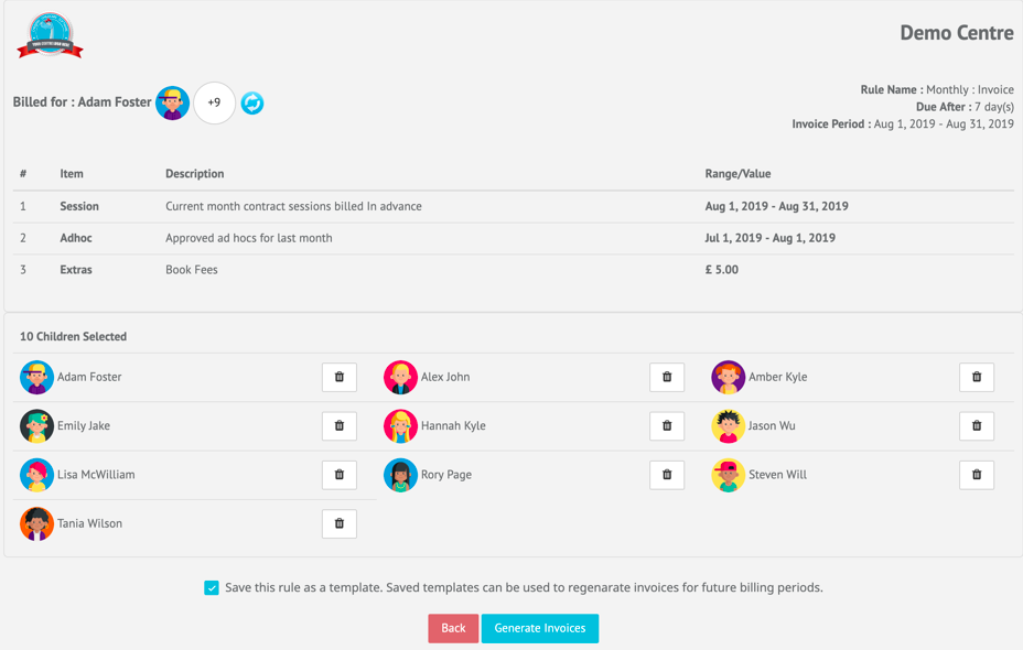 Rules-based invoicing for childcare