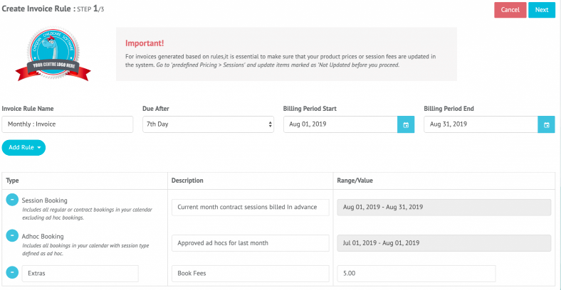 Rules Based Invoicing for after school clubs