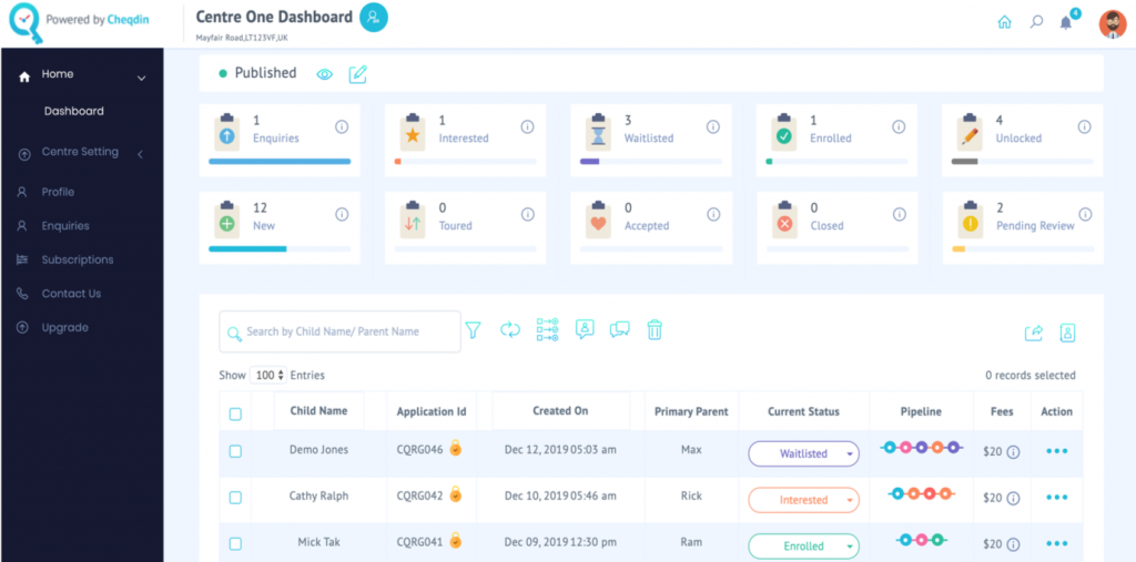 Online Registration dashboard