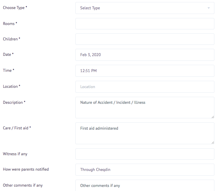 Online accident report forms for after school clubs from Cheqdin