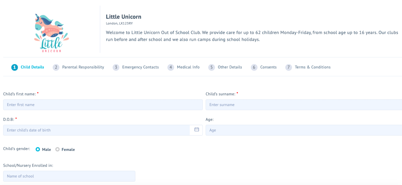 Online Registration Form for Little Unicorn Daycare