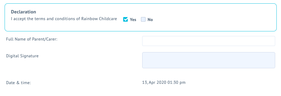 Registration form with digital signature