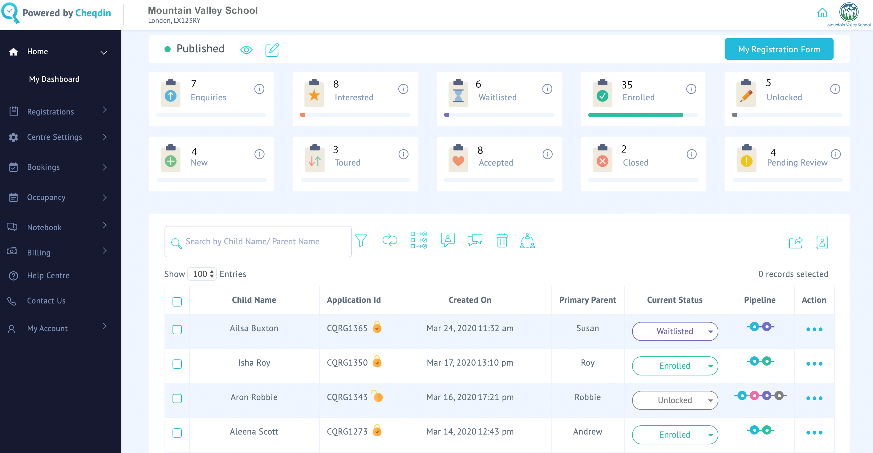 Online Student Registration Dashboard for Schools by Cheqdin
