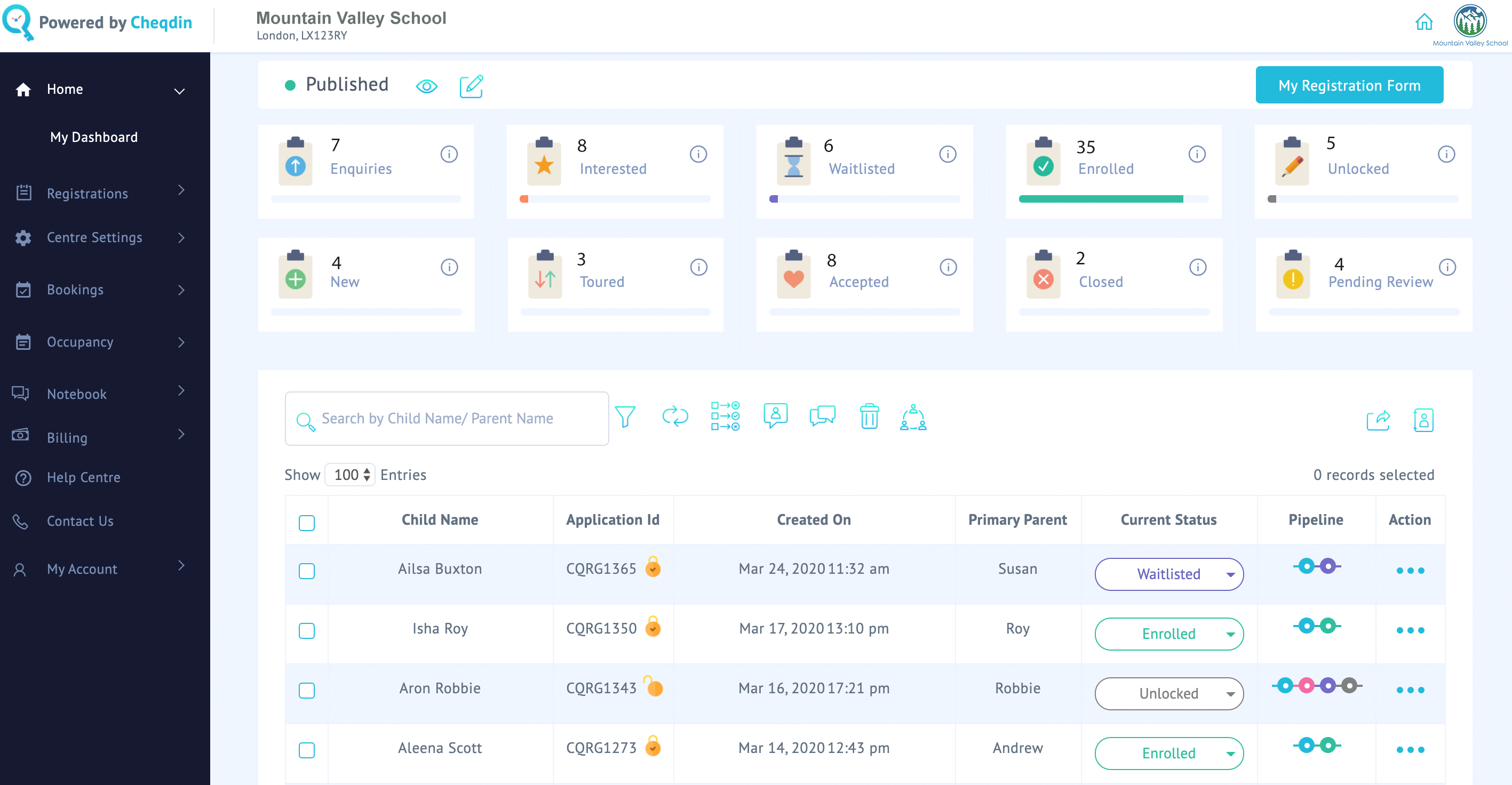 Online Student Registration Dashboard for Schools